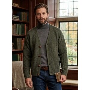 Woolrich V-Neck Cardigan Sweater Men's  Textured Basketweave Knit Size L? Green